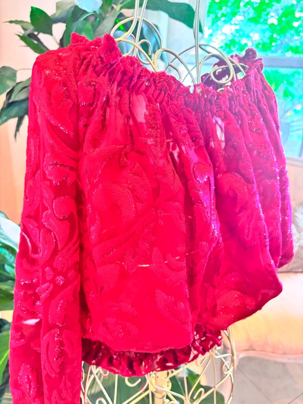 Vintage 80s Ivonne De La Vega Red Silk Burnout Off Shoulder Blouse - Picture 4 of 5